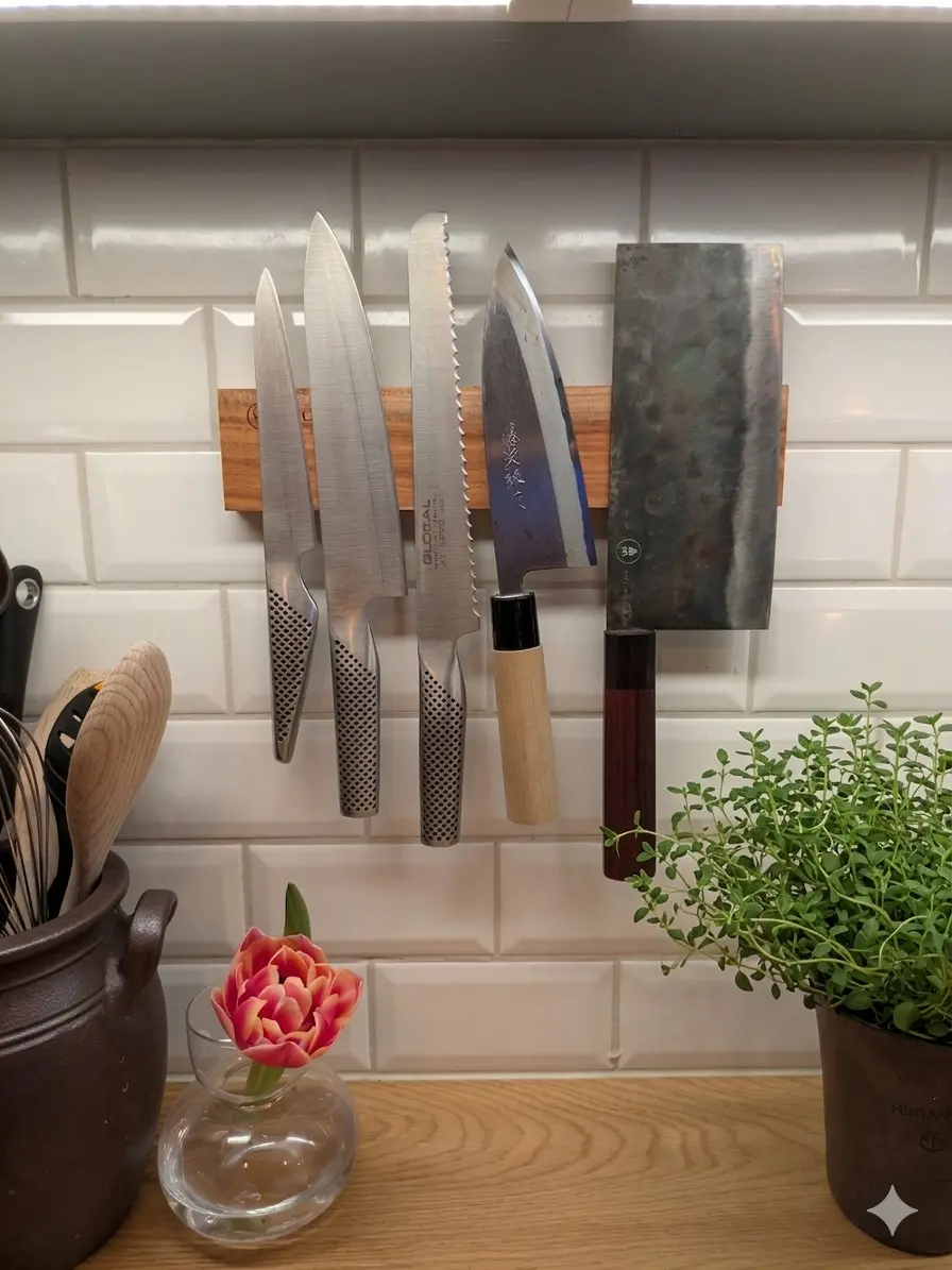 kitchen knives on a magnetic strip